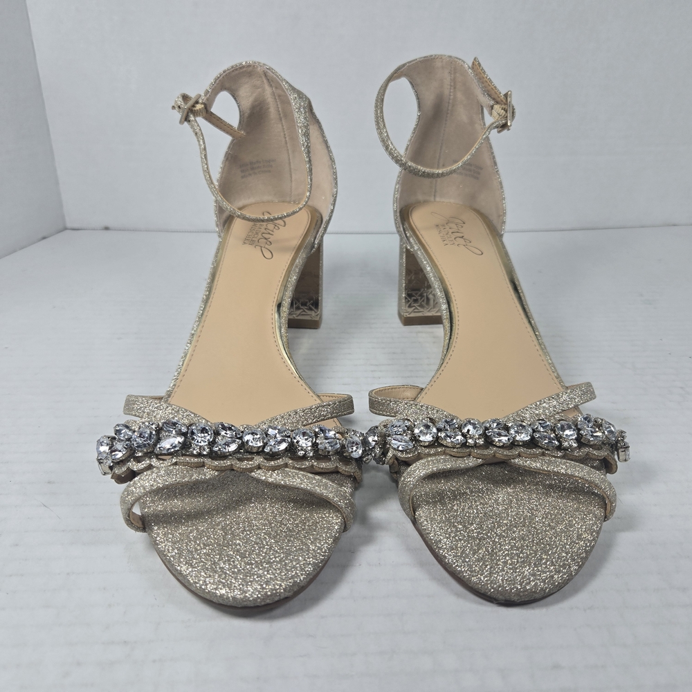 Jewel Badgley Mischka Giona Gold Jeweled Ankle Strap Block Heels Size 8 - Picture 2 of 15